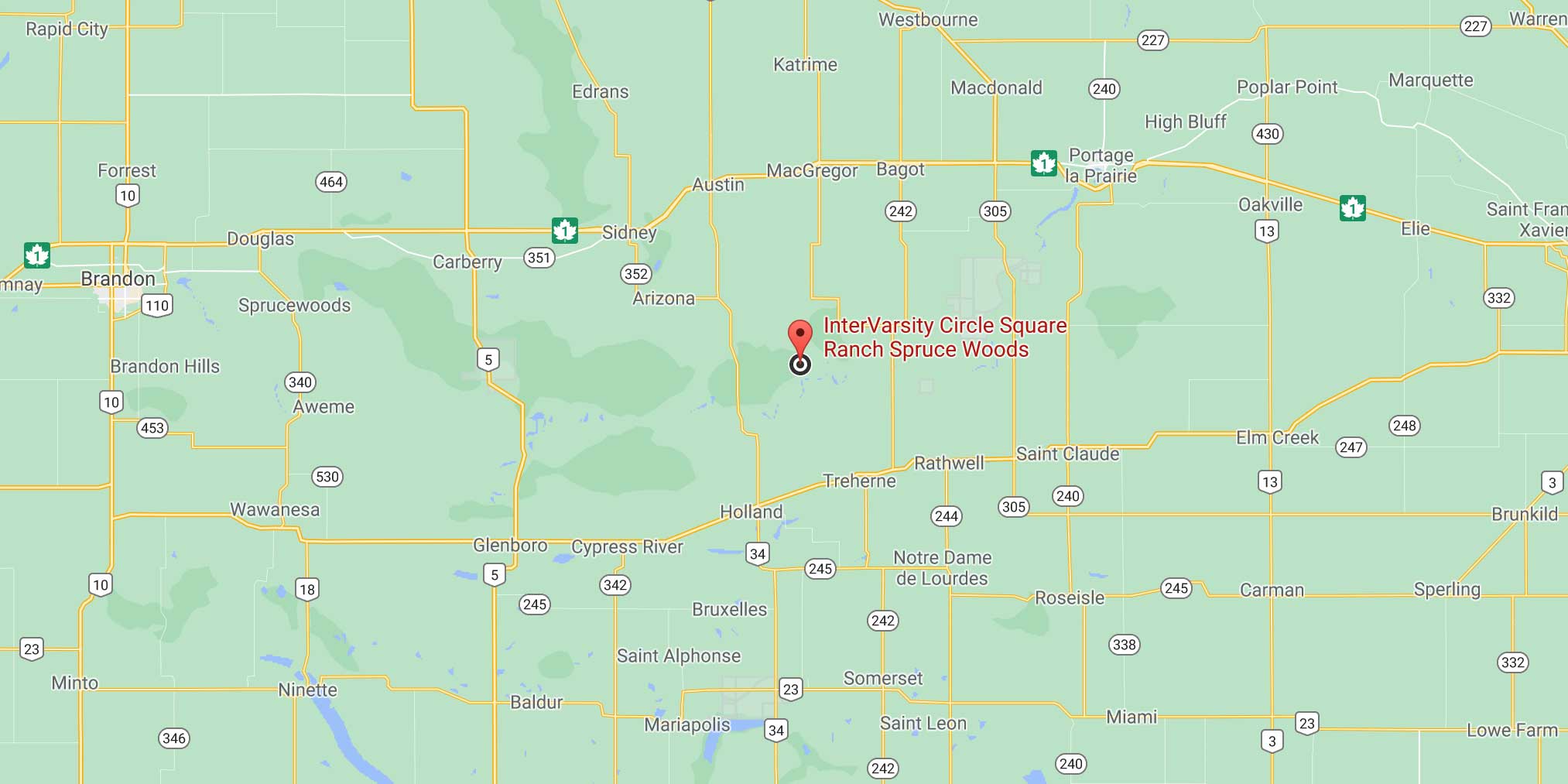 A map with Circle Square Ranch Spruce Woods' location indicated. Links to Google maps directions.